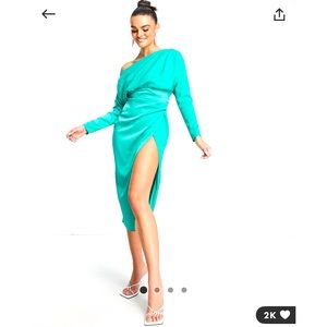 ASOS Design off shoulder satin midi dress with tuck detail bodice.